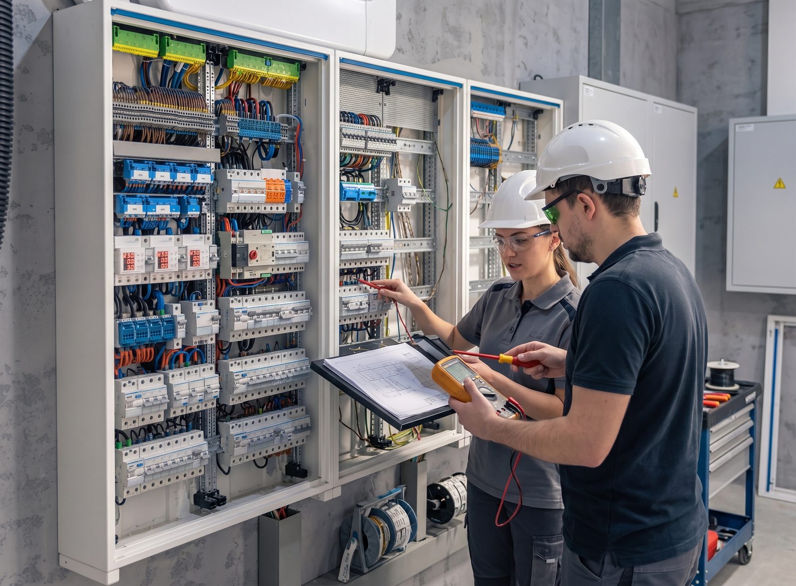 Técnicos de SecureVolt revisando un cuadro eléctrico