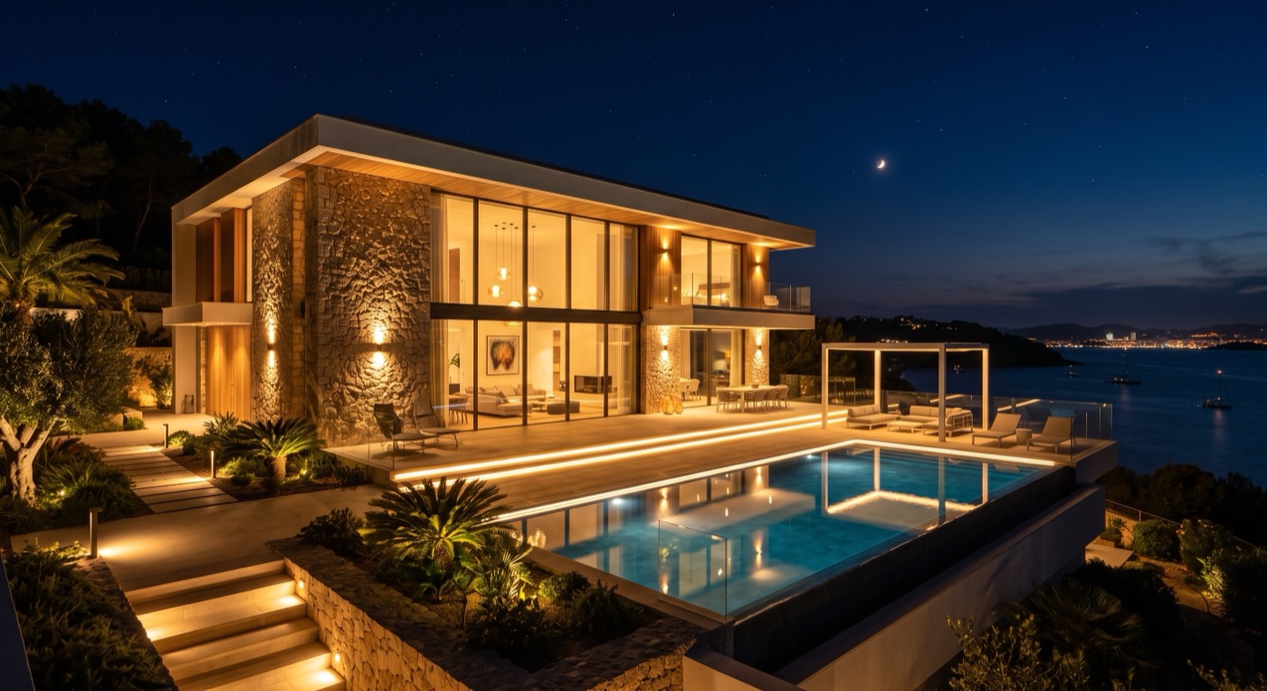 Modernes, smart gesichertes Ferienhaus auf Mallorca, nachts beleuchtet